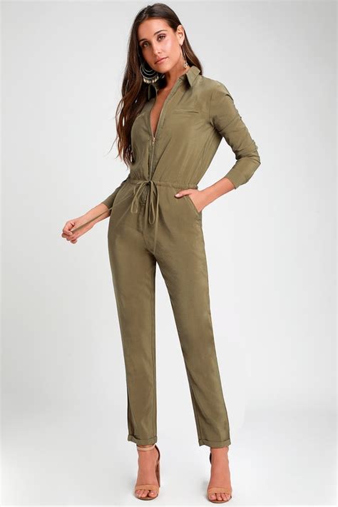 olive green long sleeve jumpsuit.